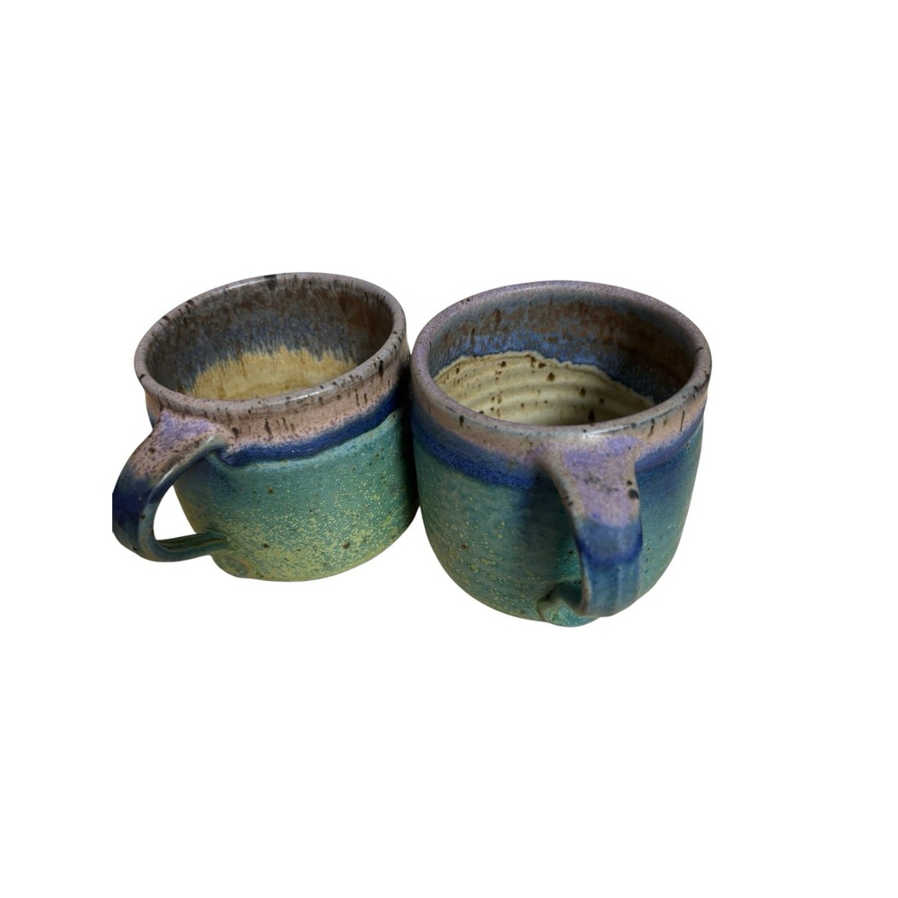 Studio Pottery Mugs Set of 2 Turquoise Blue Speckled Glaze Handcrafted Stoneware